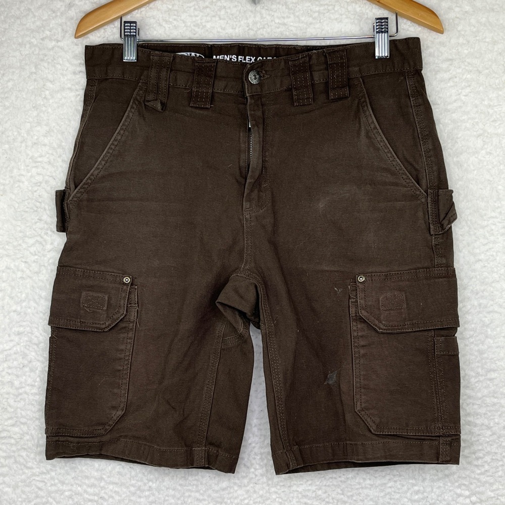 Rugged Wear Mens Flex Cargo Shorts Brown Utility Workwear Size 34 Multi-Pocket